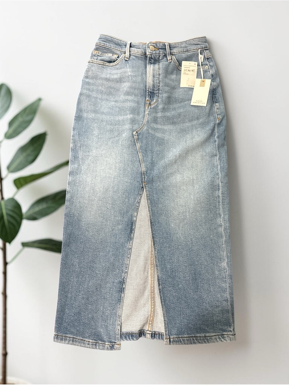 Good American High-Rise Light Blue Denim Midi Skirt with Front Slit